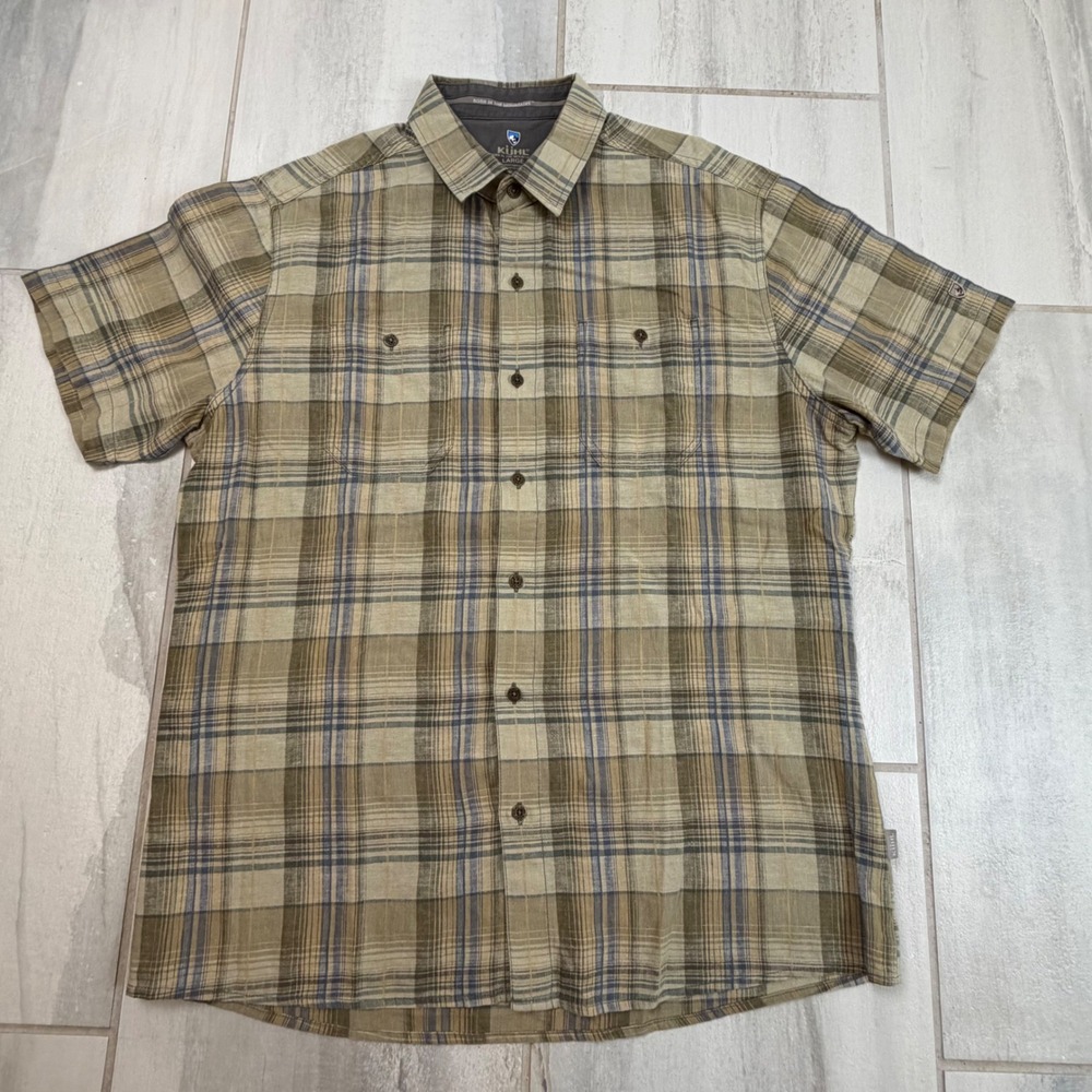 Kuhl Mens Large Plaid Short Sleeve Button Down Linen Cotton Shirt Tan Green 7218